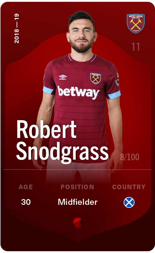 Sorare - Sorare Official - Robert Snodgrass 2018-19 • Rare 8/100 - NFT # 99035491904514507263326360409378189794322670553339346885520120145742823711887