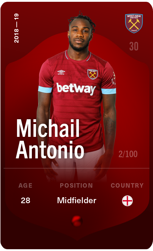 Sorare - Sorare Official - Michail Antonio 2018-19 • Rare 2/100 - NFT # 15035378132983202778521828408683393166869625845788609108433631150206504123105