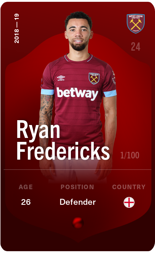 Sorare - Sorare Official - Ryan Fredericks 2018-19 • Rare 1/100 - NFT # 81737382779519204210192344984308273915848553994857418480250279356749859902278