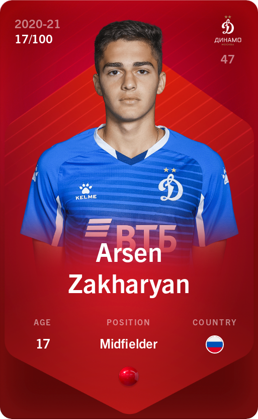Sorare - Sorare Official - Arsen Zakharyan 2020-21 • Rare 17/100 - NFT # 50808084631508867430001038666514015872267491680742636085542504088939766673205
