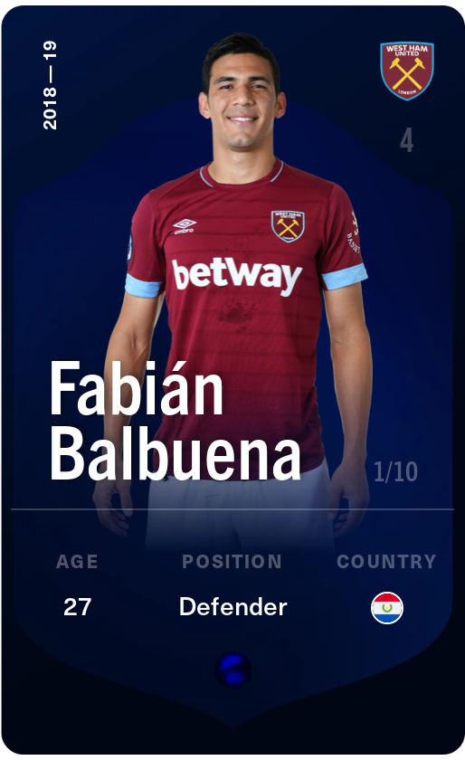 Sorare - Sorare Official - Fabián Balbuena 2018-19 • Super Rare 1/10 - NFT # 59965737982190470502702620007071030479338701466772902149176719136114857586304