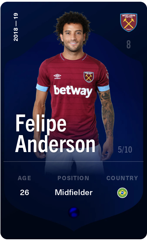 Sorare - Sorare Official - Felipe Anderson 2018-19 • Super Rare 5/10 - NFT # 11724897222647000753000056719750673072569040956173619994522671616931731041298