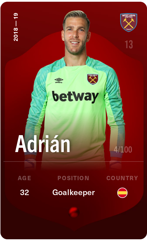 Sorare - Sorare Official - Adrián 2018-19 • Rare 4/100 - NFT # 4759428795634081527573574658417729096070634167215704147948314238105692144839