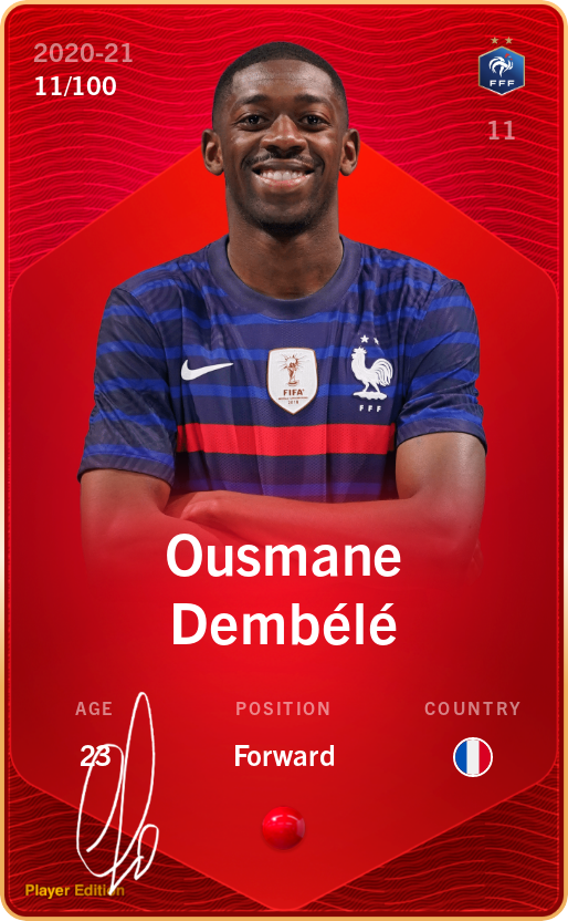 Sorare - Sorare Official - Ousmane Dembélé 2020-21 • Rare 11/100 - NFT # 40819994086976366571103554335905515147540029003043104406124364492155811643876