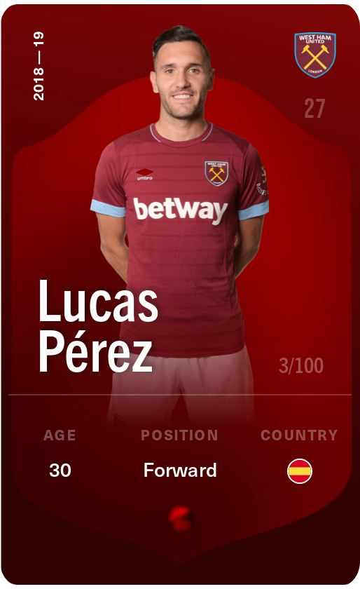 Sorare - Sorare Official - Lucas Pérez 2018-19 • Rare 3/100 - NFT # 106129227742712743705130815664013206357983609504390859361178536686651438422026