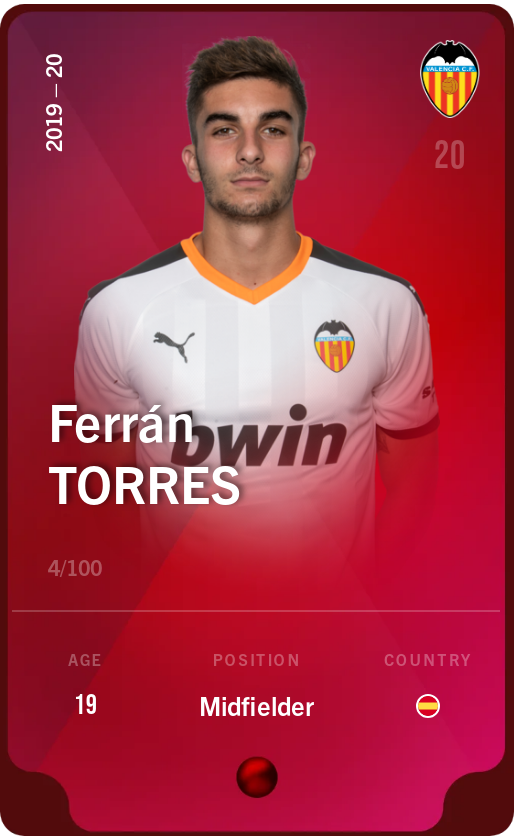 Sorare - Sorare Official - Ferrán Torres 2019-20 • Rare 4/100 - NFT # 63014747490148527379264460505519127333738993272195144967943455391321181298155