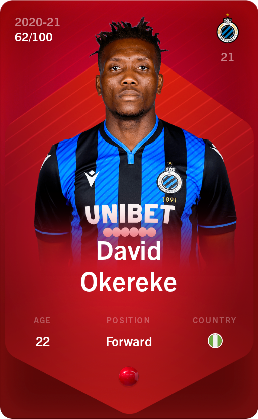 Sorare - Sorare Official - David Okereke 2020-21 • Rare 62/100 - NFT # 70928243085383888516159060608242562586005832732889379145016983077533496038500