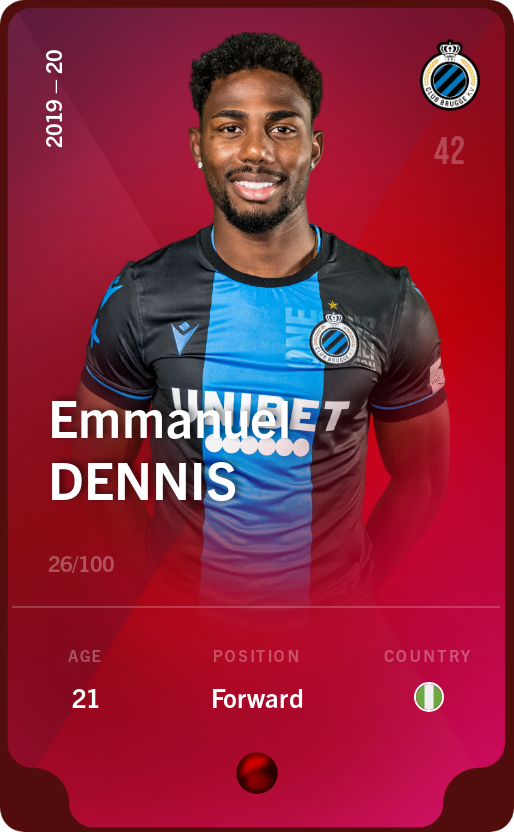 Sorare - Sorare Official - Emmanuel Dennis 2019-20 • Rare 26/100 - NFT # 59711304997525848919749744645065677663509091510224548279974389890375008008107