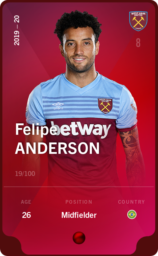 Sorare - Sorare Official - Felipe Anderson 2019-20 • Rare 19/100 - NFT # 12682580847380220807203827456115146063993614423888755676063189915248166180718
