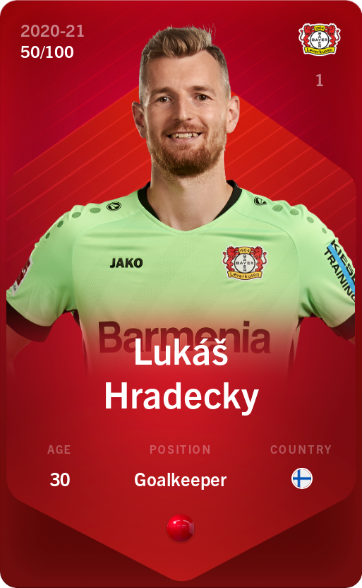 Sorare - Sorare Official - Lukáš Hradecky 2020-21 • Rare 50/100 - NFT # 94347079874777415879360806951777210241351434364218980250331998350671608841758