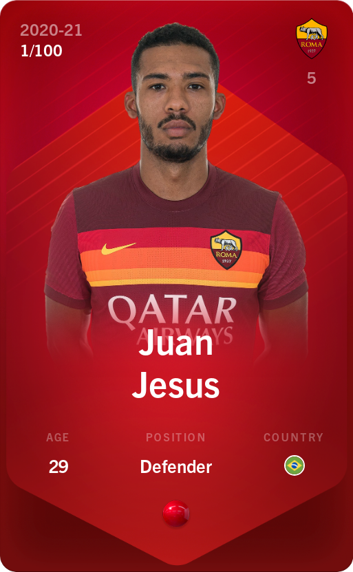 Sorare - Sorare Official - Juan Jesus 2020-21 • Rare 1/100 - NFT # 69487308934284061963482726737976740505758883976169312264220152501214912746022