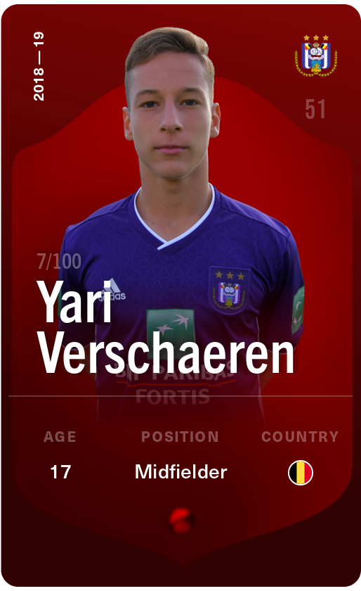 Sorare - Sorare Official - Yari Verschaeren 2018-19 • Rare 7/100 - NFT # 82020328177470480231153048384621137572205911385955147937651265306662754710617