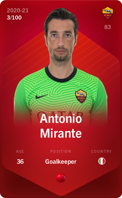 Sorare - Sorare Official - Antonio Mirante 2020-21 • Rare 3/100 - NFT # 968448168283302623462711494770692317342160153365637354626392284507517739408