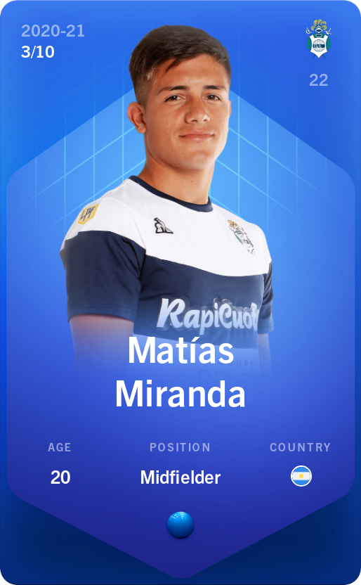 Sorare - Sorare Official - Matías Miranda 2020-21 • Super Rare 3/10 - NFT # 113957389128348091032673915391922496934734454088012445015366089789854804337375
