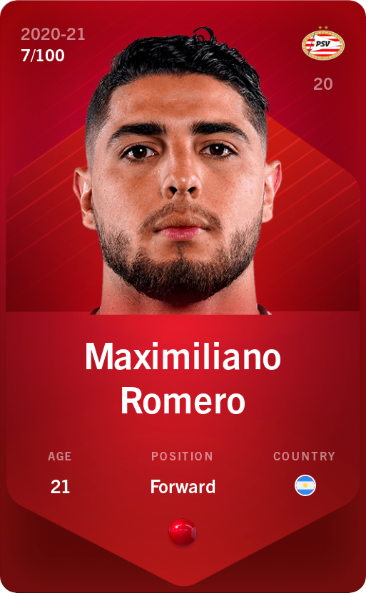 Sorare - Sorare Official - Maximiliano Romero 2020-21 • Rare 7/100 - NFT # 88967289271116537063240648920663741722743338570257667177425891692854038452986