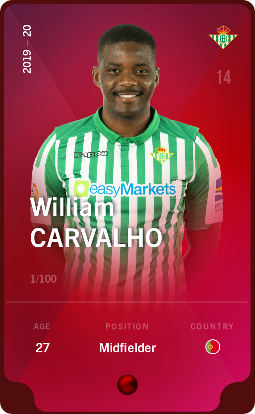 Sorare - Sorare Official - William Carvalho 2019-20 • Rare 1/100 - NFT # 37898114208963514126457975365548869395471608042674359217277345950967955834133