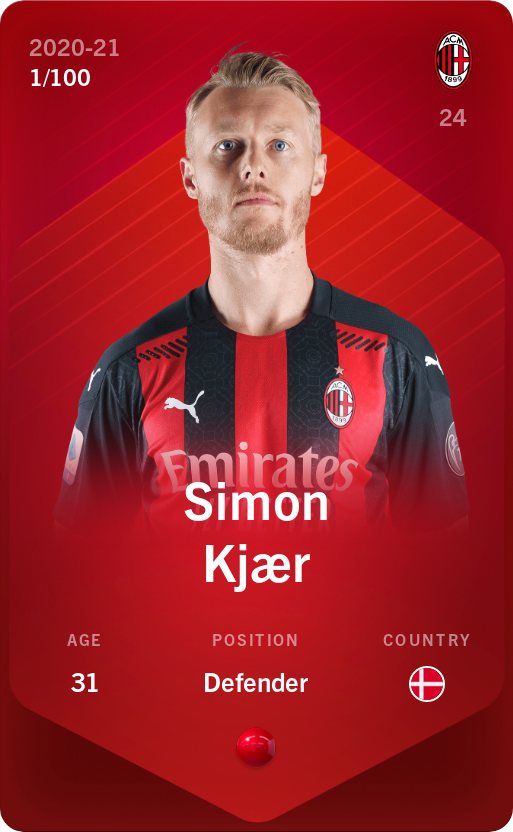 Sorare - Sorare Official - Simon Kjær 2020-21 • Rare 1/100 - NFT # 9374621787587316052544345759394992911117167580901527084148211109833628137063
