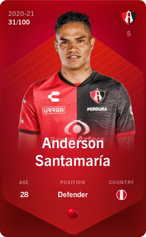 Sorare - Sorare Official - Anderson Santamaría 2020-21 • Rare 31/100 - NFT # 80111947644702933901345412645448561714875577340140940358591188425577754936497