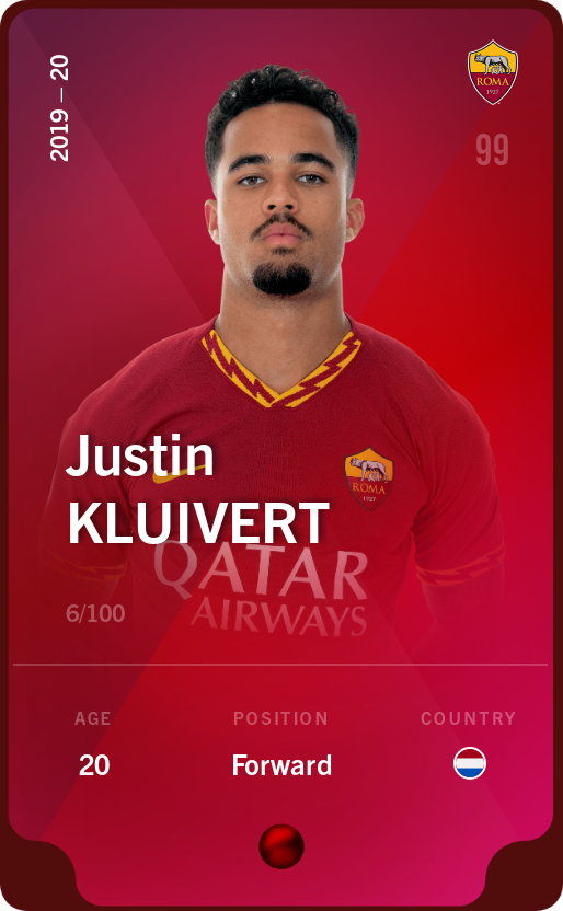 Sorare - Sorare Official - Justin Kluivert 2019-20 • Rare 6/100 - NFT # 58510007064421158522499177949175367801823651521263931359674769079910914541229