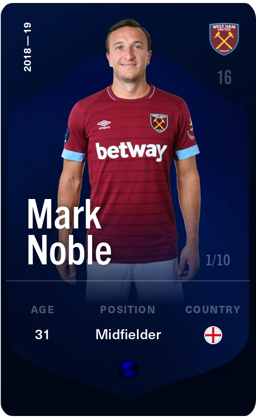 Sorare - Sorare Official - Mark Noble 2018-19 • Super Rare 1/10 - NFT # 79769103355322786831549271839028169137136007118969162695339299854322540285820