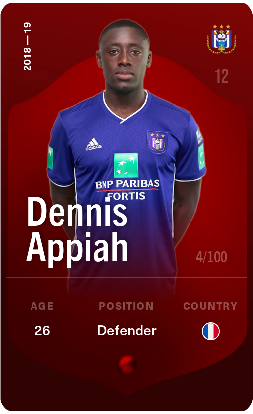 Sorare - Sorare Official - Dennis Appiah 2018-19 • Rare 4/100 - NFT # 93016124305221357637516335515702143944608854565517646163560927091954788567799