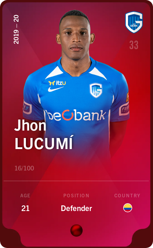 Sorare - Sorare Official - Jhon Lucumí 2019-20 • Rare 16/100 - NFT # 43633080520634247292861383696256647070193589831322962187383716935110755237628