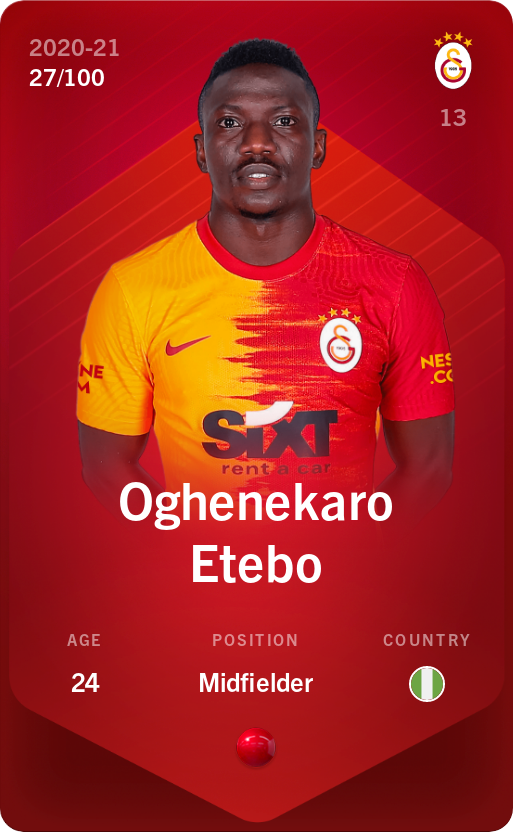 Sorare - Sorare Official - Oghenekaro Etebo 2020-21 • Rare 27/100 - NFT # 30764796953253403456729205492136883703312499436309234314035352579643016663120