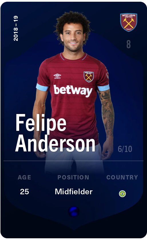 Sorare - Sorare Official - Felipe Anderson 2018-19 • Super Rare 6/10 - NFT # 56532740383947658187333960306878481821431201266114845862432833938642944621533