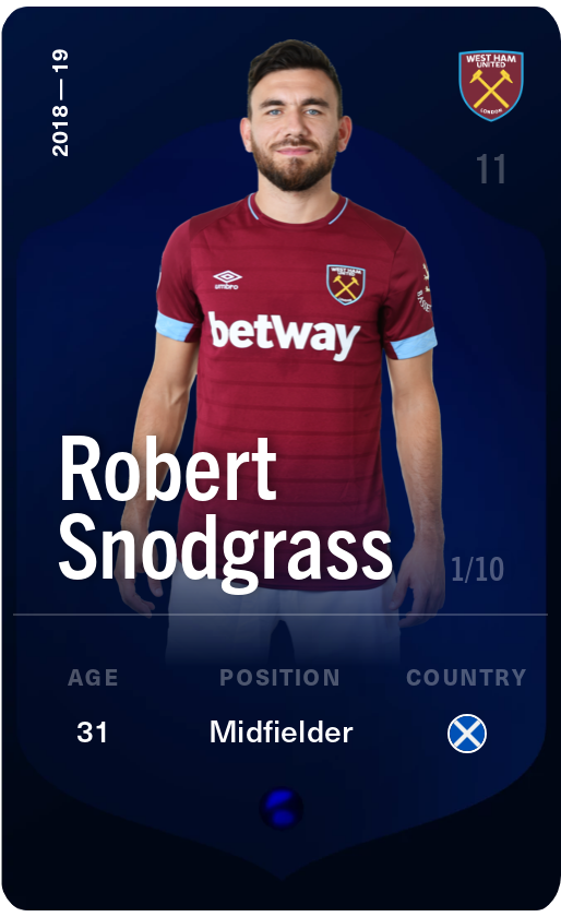 Sorare - Sorare Official - Robert Snodgrass 2018-19 • Super Rare 1/10 - NFT # 94442275167816506059292846092903398933458528737872067761680761508160727584909