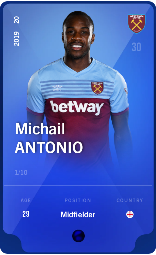 Sorare - Sorare Official - Michail Antonio 2019-20 • Super Rare 1/10 - NFT # 87077149158914161213522415478880287344915980842570928698124981159956212200745