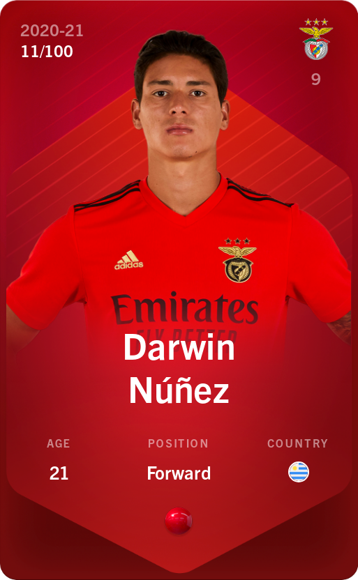Sorare - Sorare Official - Darwin Núñez 2020-21 • Rare 11/100 - NFT # 72599542460369011104811203862065746919757090332517446993908638087940636754897