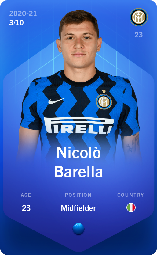 Sorare - Sorare Official - Nicolò Barella 2020-21 • Super Rare 3/10 - NFT # 69018937708160645130466205371780384265053700448606749214169104360835656424452