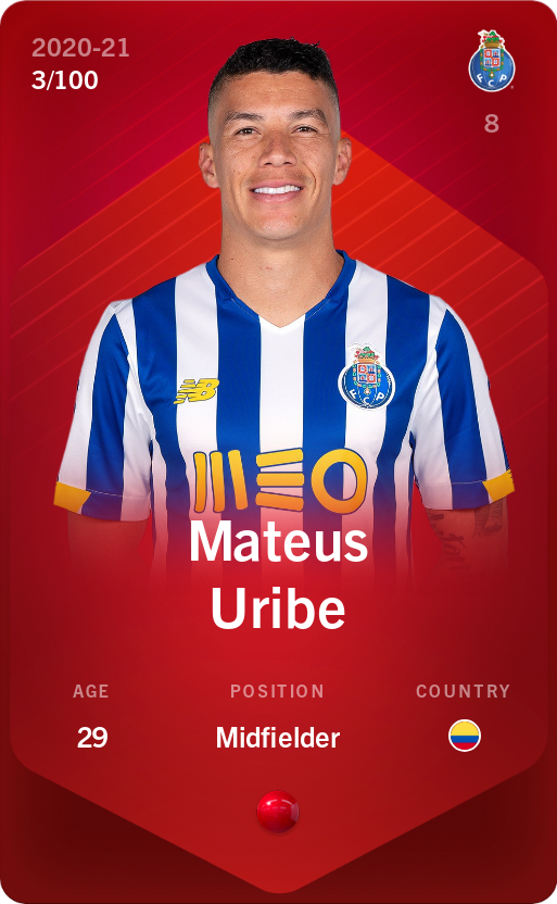 Sorare - Sorare Official - Mateus Uribe 2020-21 • Rare 3/100 - NFT # 96881276720326858537515747517970751927708458483554834151528513169612203764724