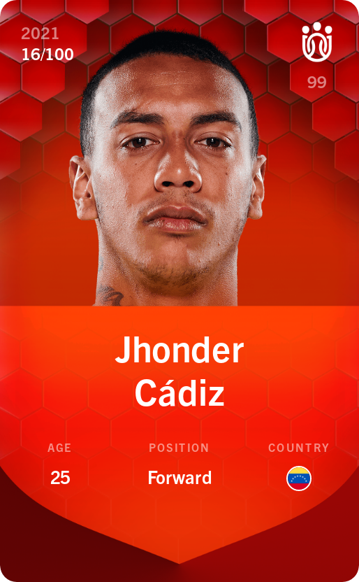 Sorare - Sorare Official - Jhonder Cádiz 2021-22 • Rare 16/100 - NFT # 90531226389449482637846103557100629236937049789575142457777852355932857973694