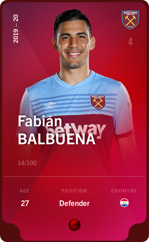 Sorare - Sorare Official - Fabián Balbuena 2019-20 • Rare 14/100 - NFT # 42619653795857152284081062561937915622462015932758185325164677708918642262329