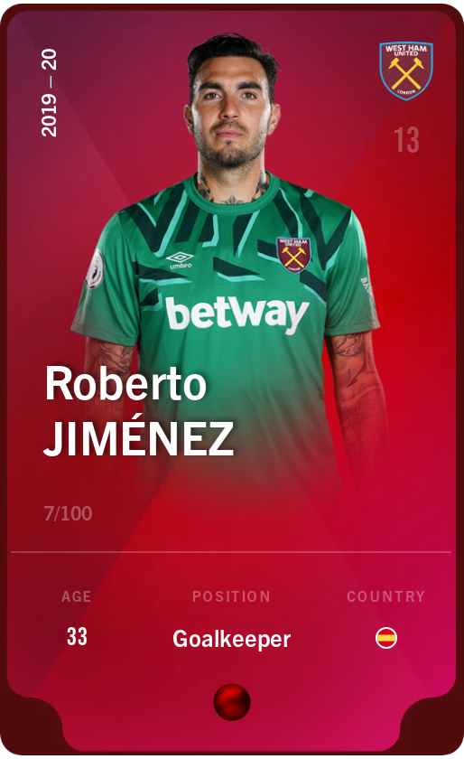 Sorare - Sorare Official - Roberto Jiménez 2019-20 • Rare 7/100 - NFT # 90835635785094008390256958496515718399970033502931467787677966755175239067396