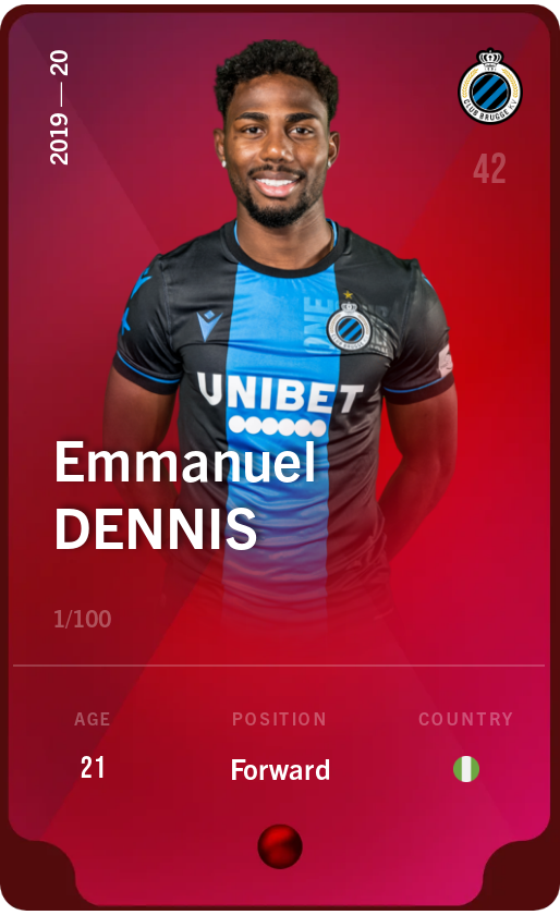 Sorare - Sorare Official - Emmanuel Dennis 2019-20 • Rare 1/100 - NFT # 36111225286439445737972369064310329953622292339991846336084451797270469437886