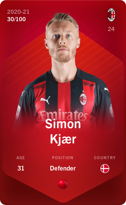 Sorare - Sorare Official - Simon Kjær 2020-21 • Rare 30/100 - NFT # 4147908936882703463586396046209402787211794247066122560984615493518314278780