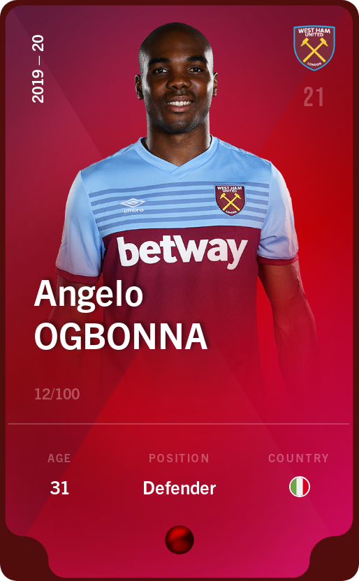 Sorare - Sorare Official - Angelo Ogbonna 2019-20 • Rare 12/100 - NFT # 43924258424647010166278927044805874985320383868356524439437732960031707255360