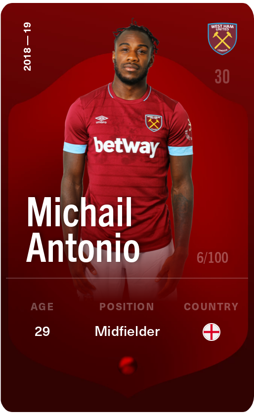 Sorare - Sorare Official - Michail Antonio 2018-19 • Rare 6/100 - NFT # 29526791689304677682237222480616782057810241357426294834001303034813719165071