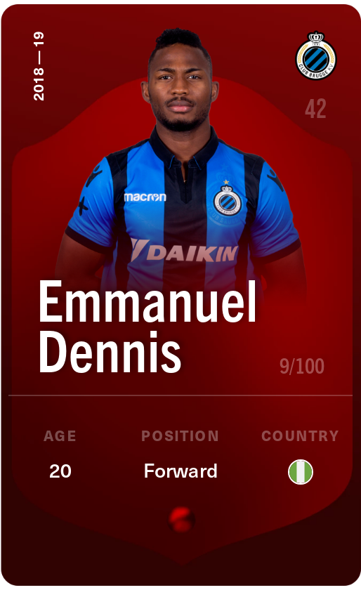 Sorare - Sorare Official - Emmanuel Dennis 2018-19 • Rare 9/100 - NFT # 3872167875158904900489644809418546291469033129928259217329921112749438488444