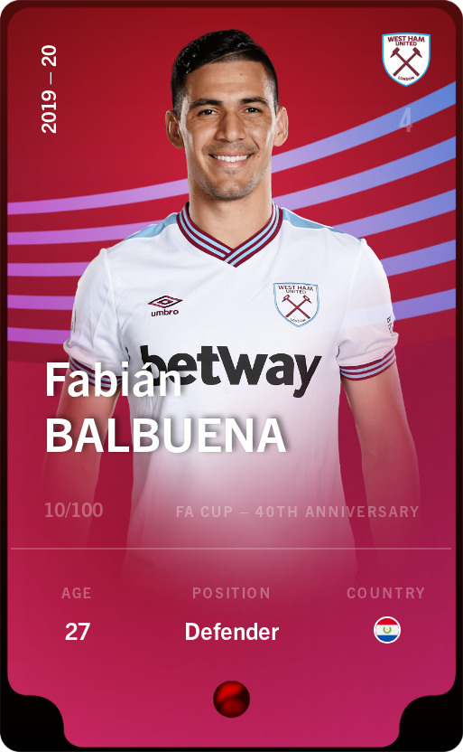 Sorare - Sorare Official - Fabián Balbuena 2019-20 • Rare 10/100 - NFT # 6367229051911707590526163216261728675993027849772788835382322608134531497833