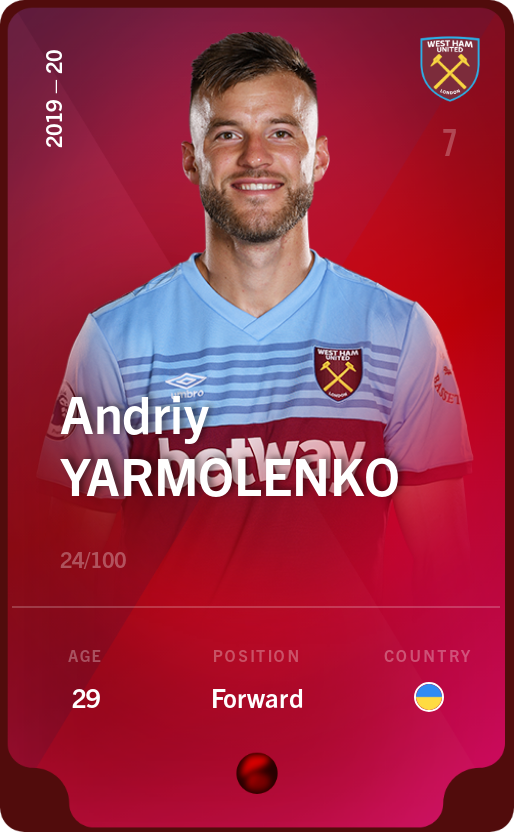Sorare - Sorare Official - Andriy Yarmolenko 2019-20 • Rare 24/100 - NFT # 25714226528376580221718798981283666872359959029754175858279795475458346881388