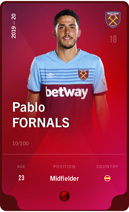 Sorare - Sorare Official - Pablo Fornals 2019-20 • Rare 10/100 - NFT # 73761874162128533663749680474211417478286637631037384225110923054492293779898