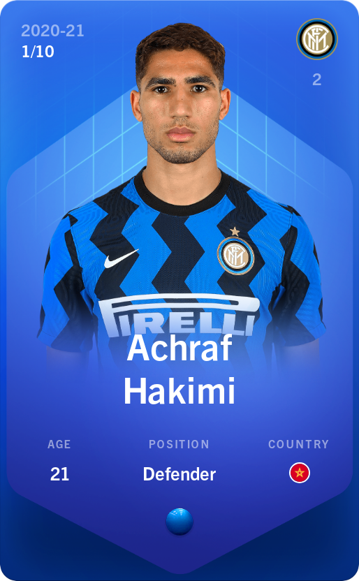 Sorare - Sorare Official - Achraf Hakimi 2020-21 • Super Rare 1/10 - NFT # 101283446273555147377547219922004254897165197719588034186581513089360297477624