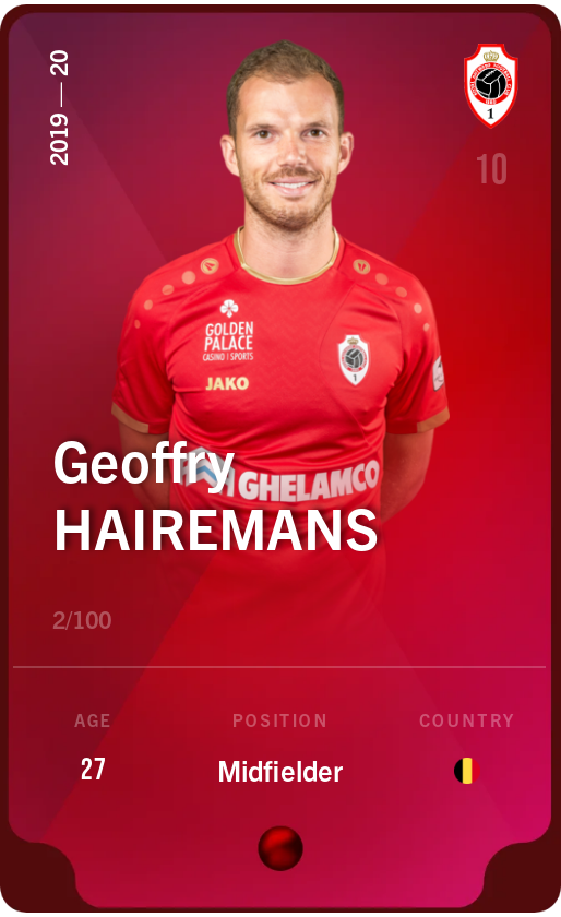 Sorare - Sorare Official - Geoffry Hairemans 2019-20 • Rare 2/100 - NFT # 104305719339532645058062248610581489432933371065599876516713782716450916766663