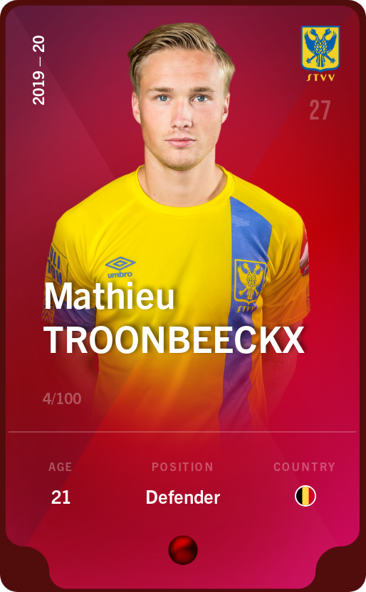 Sorare - Sorare Official - Mathieu Troonbeeckx 2019-20 • Rare 4/100 - NFT # 19589172887913760293816586036904453930670663322984658916409700865859053374354