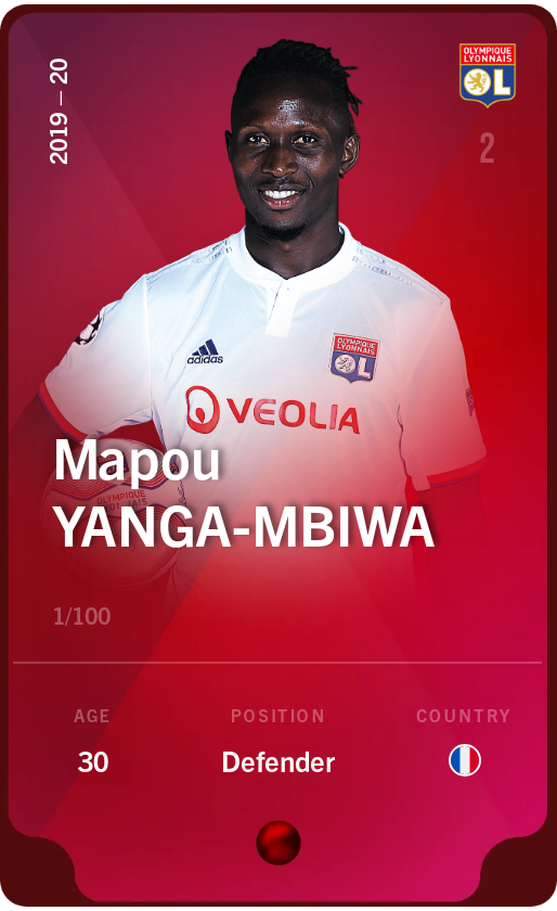 Sorare - Sorare Official - Mapou Yanga-Mbiwa 2019-20 • Rare 1/100 - NFT # 72098232425907435967953252039123881148977176361577426060608215216259910805903