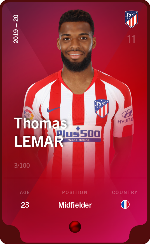 Sorare - Sorare Official - Thomas Lemar 2019-20 • Rare 3/100 - NFT # 79124764895094040800127851974904145184171329619005972802753340461815675262648