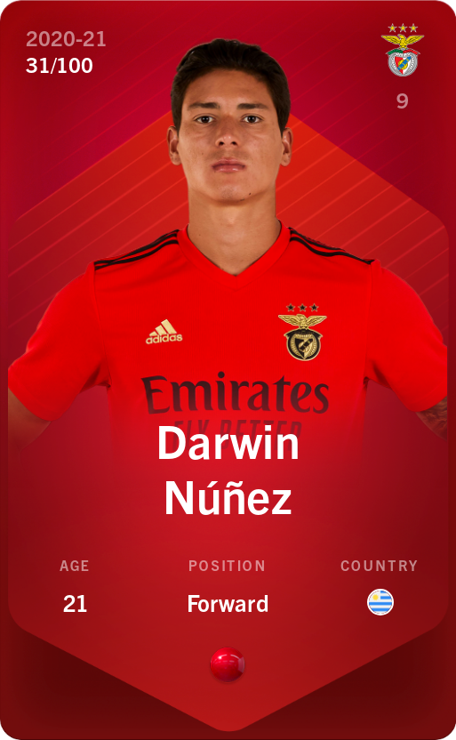 Sorare - Sorare Official - Darwin Núñez 2020-21 • Rare 31/100 - NFT # 70027727124939994469529266720843571236608932207151926038570882535884805003146